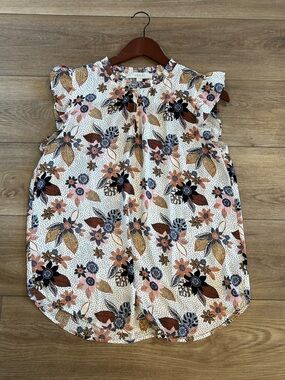 LOFT Floral Short Sleeve Blouse Ivory Pink Navy Medium